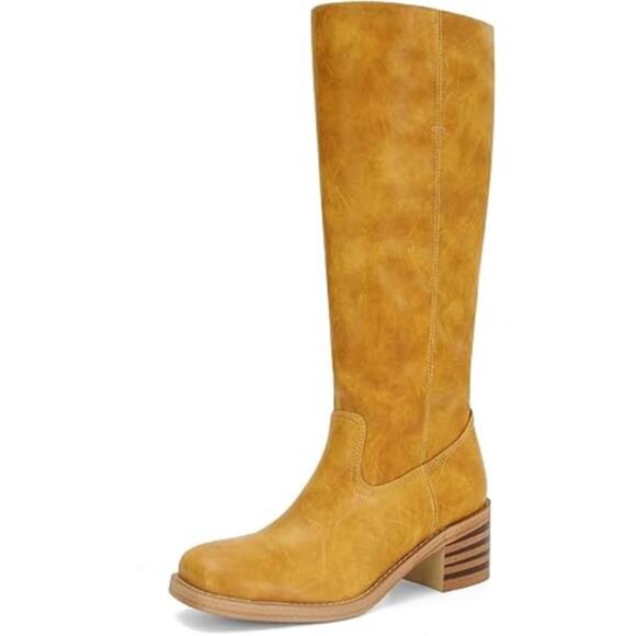 Womens Banana Knee High Boots Square Toe Boots Block Heel Boots Wide Calf - Picture 7 of 7